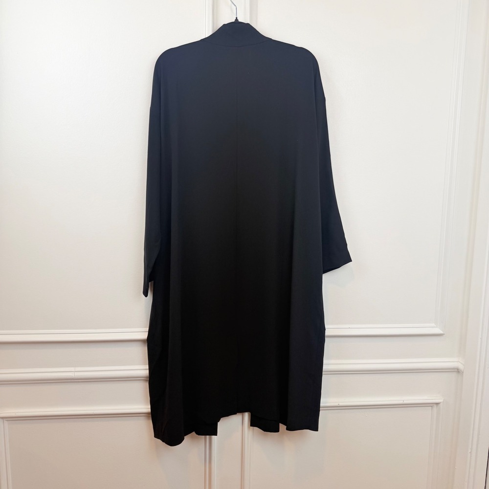 Eileen Fisher Silk Georgette Long Duster Cardigan Black Open Front Pockets L - Picture 2 of 11